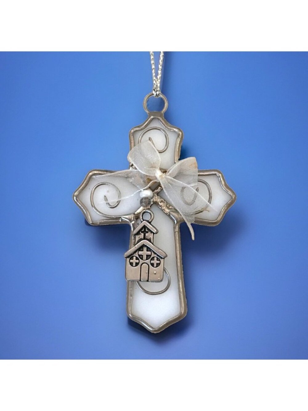 Ganz Milk Glass Cross Ornament Sun Catcher Pendant White Church Religious